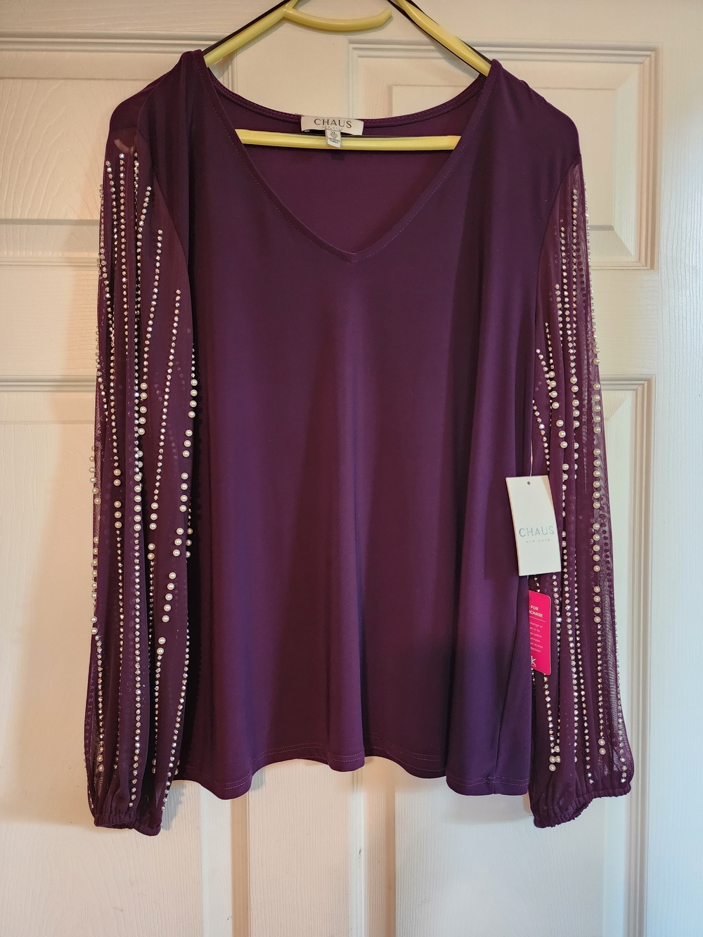 Chaus Plum V-Neck Long Sleeve Blouse with Pearl-Studded Sheer Sleeves